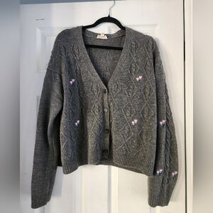 Gray Cable Knit Cardigan Sweater